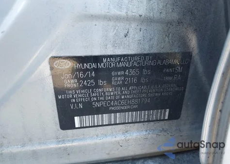 2014 Hyundai Sonata Se from USA, damaged, VIN 5NPEC4AC6EH881794